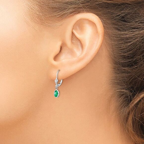 Kazi Luxury 14k White Gold 6x4 Oval Bezel May/Emerald Leverback Earrings